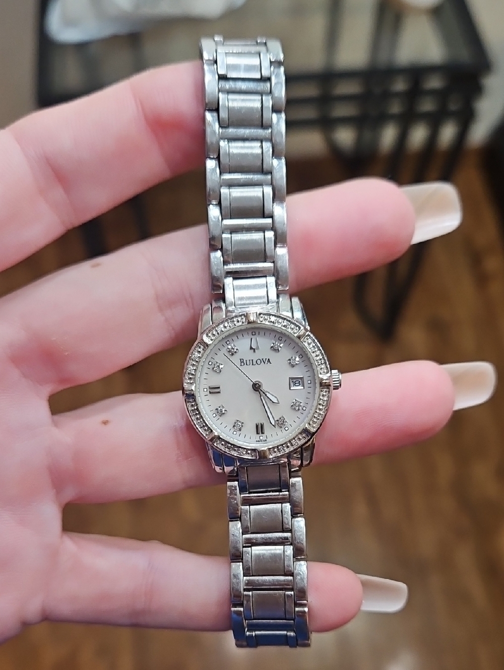 Bulova Women's Silver Crystal Accent Mother Of Pearl Bracelet Watch